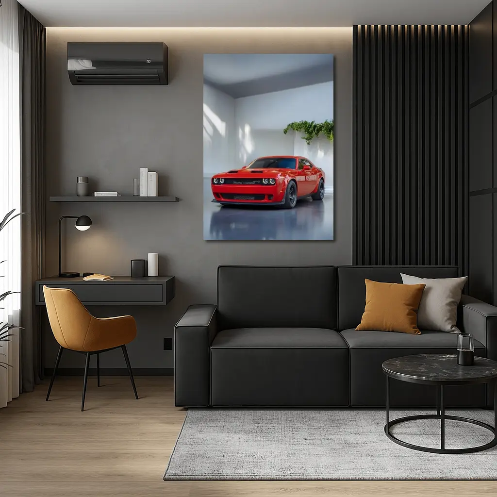 Red Dodge Challenger Parked In White Studio – Wall Art