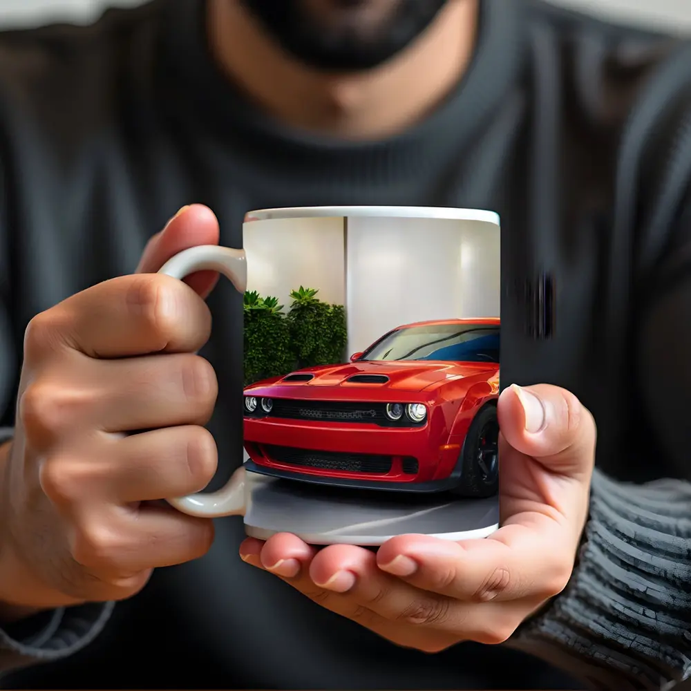 Red Dodge Challenger Parked Indoor Garage – Mugs