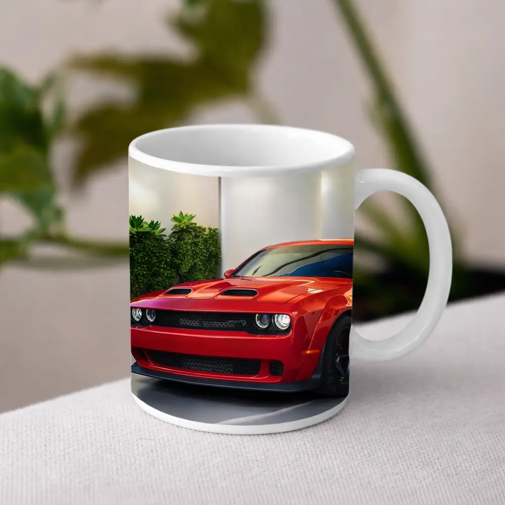 Red Dodge Challenger Parked Indoor Garage – Mugs