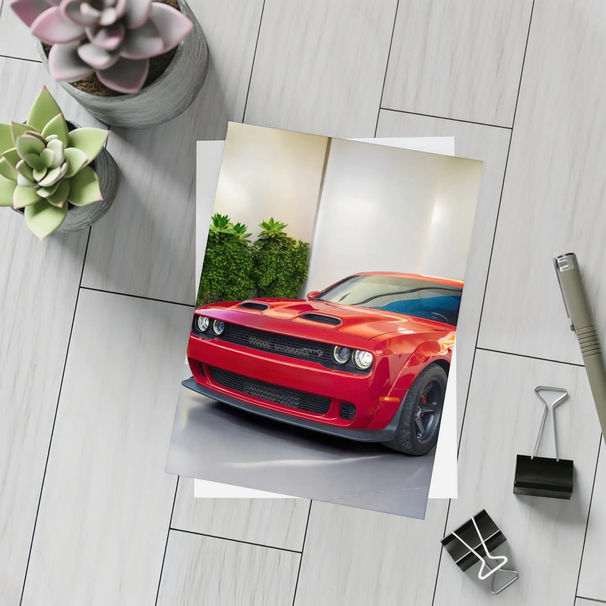 Red Dodge Challenger Parked Indoor Garage – Postcards