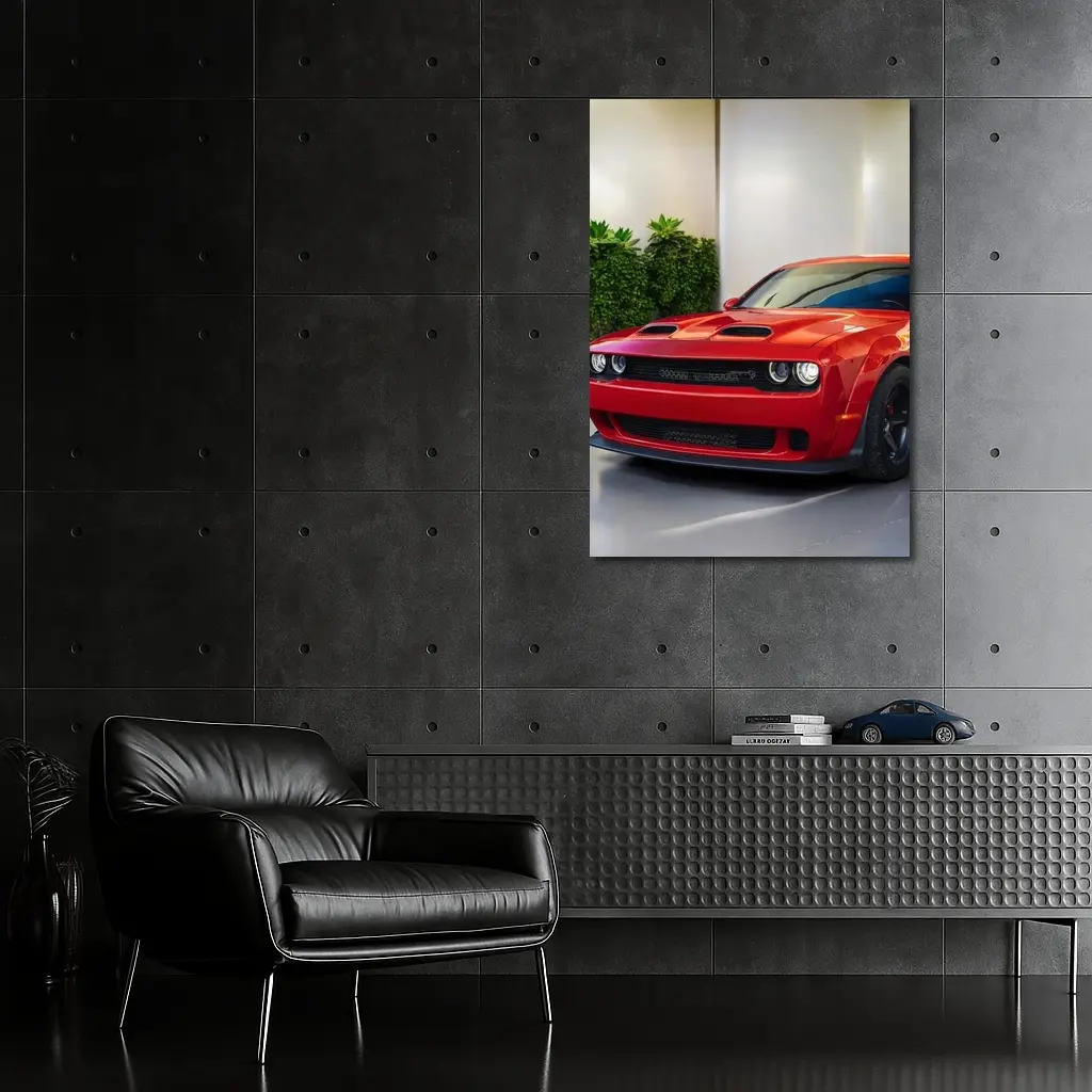Red Dodge Challenger Parked Indoor Garage – Wall Art
