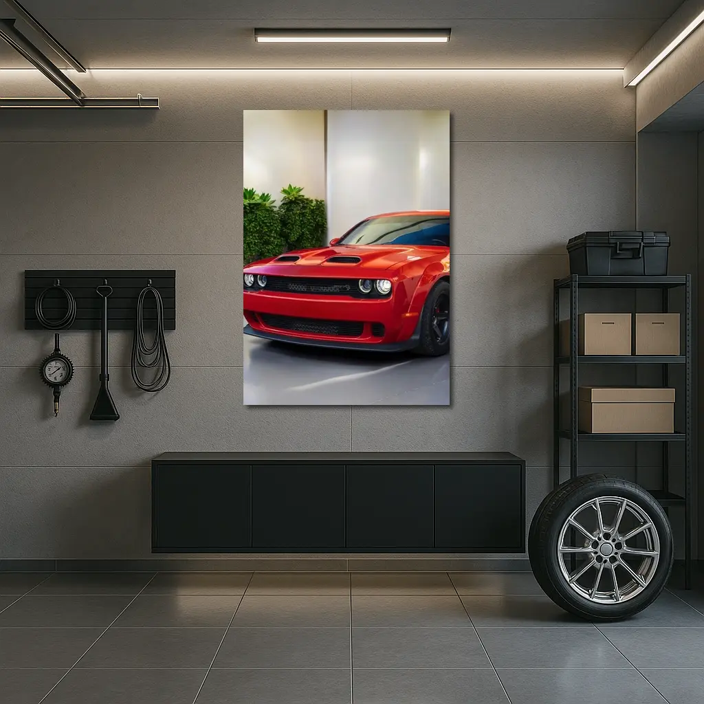 Red Dodge Challenger Parked Indoor Garage – Wall Art