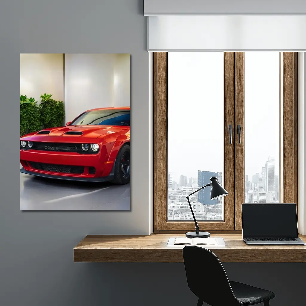 Red Dodge Challenger Parked Indoor Garage – Wall Art