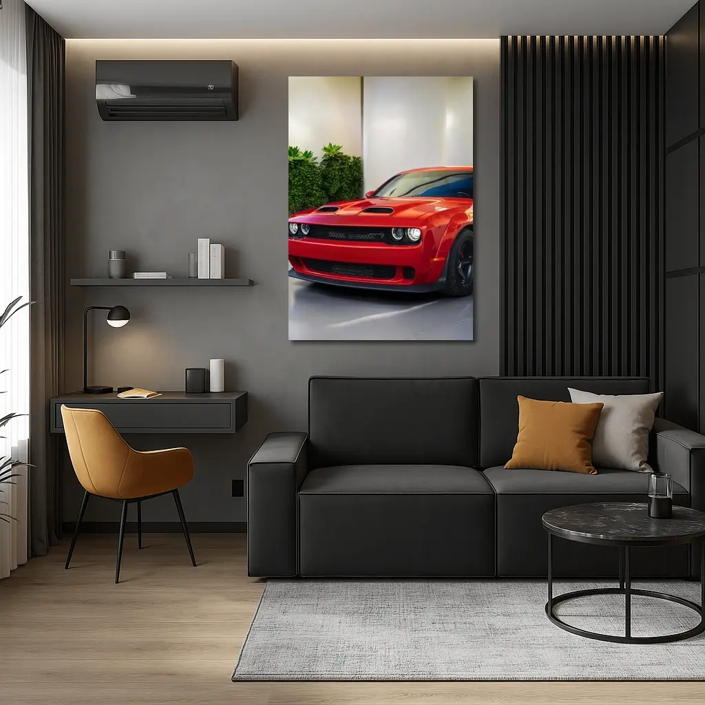 Red Dodge Challenger Parked Indoor Garage – Wall Art