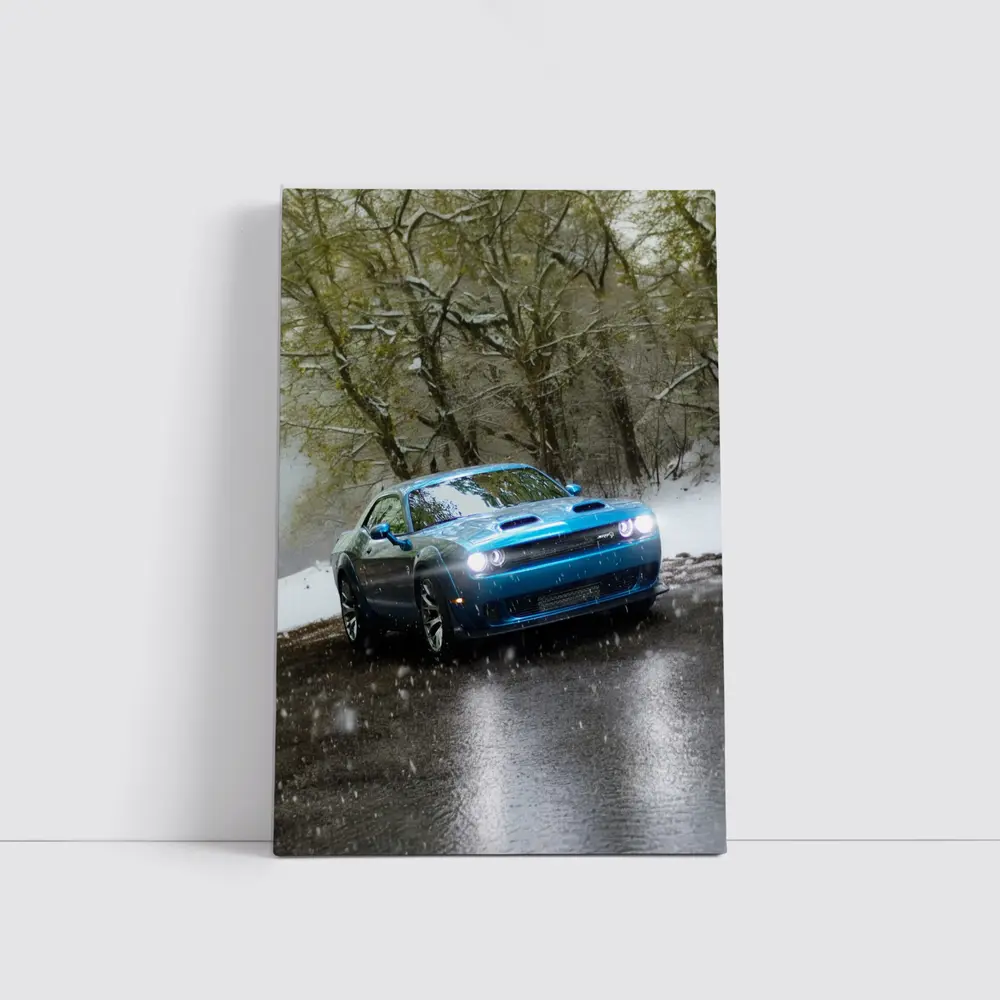 Dodge Challenger Blue Muscle Car Snowy Road – Wall Art