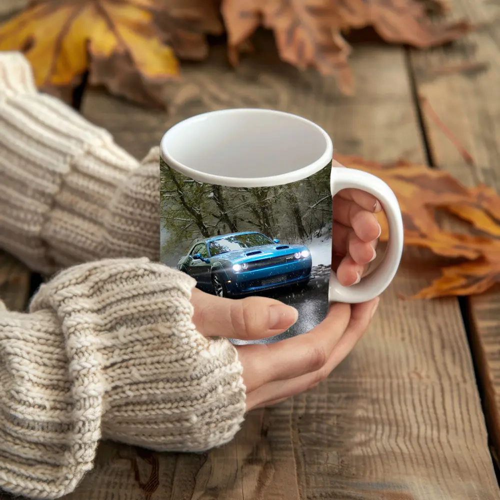 Dodge Challenger Blue Muscle Car Snowy Road – Mugs