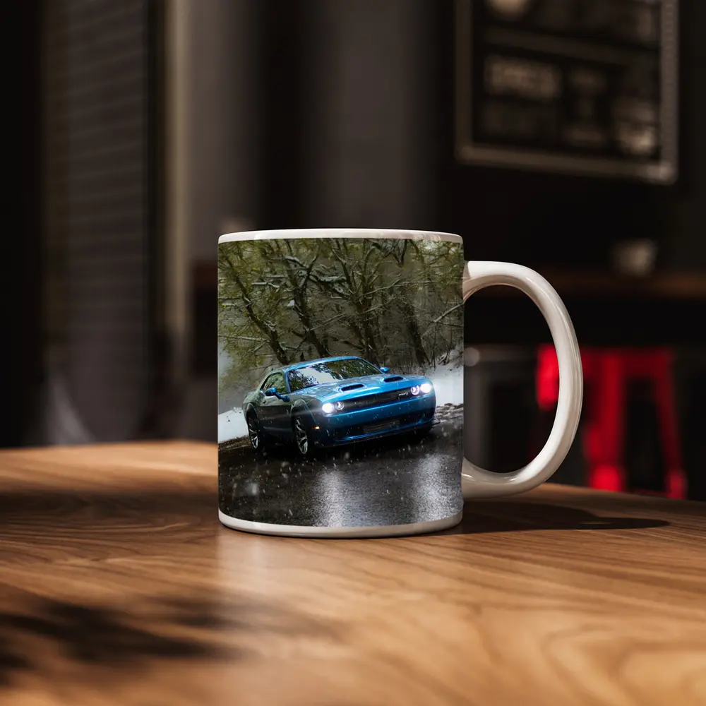 Dodge Challenger Blue Muscle Car Snowy Road – Mugs