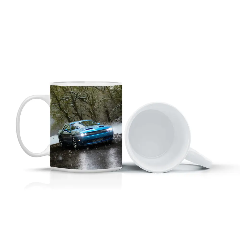 Dodge Challenger Blue Muscle Car Snowy Road – Mugs