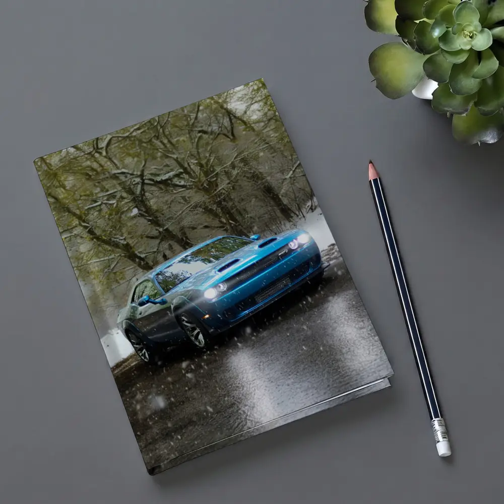 Dodge Challenger Blue Muscle Car Snowy Road – Notebooks