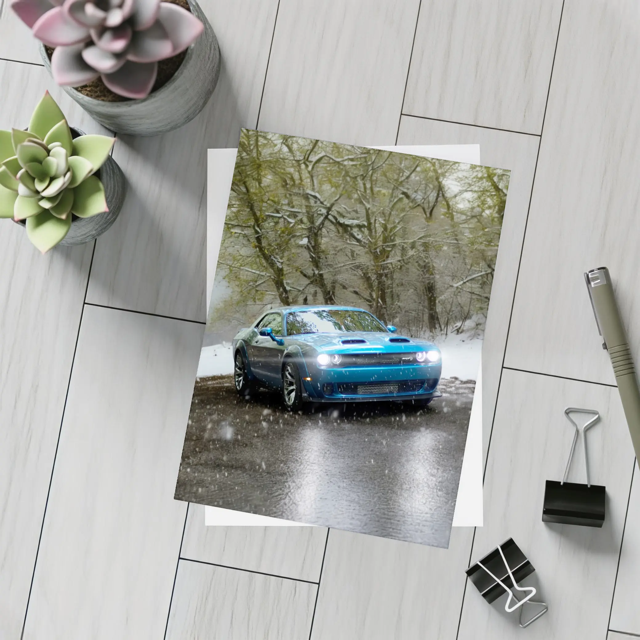 Dodge Challenger Blue Muscle Car Snowy Road – Postcards