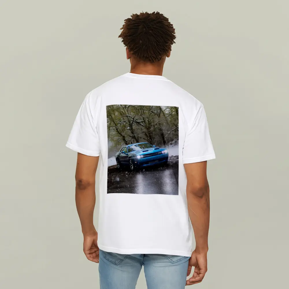 Dodge Challenger Blue Muscle Car Snowy Road – T-Shirts