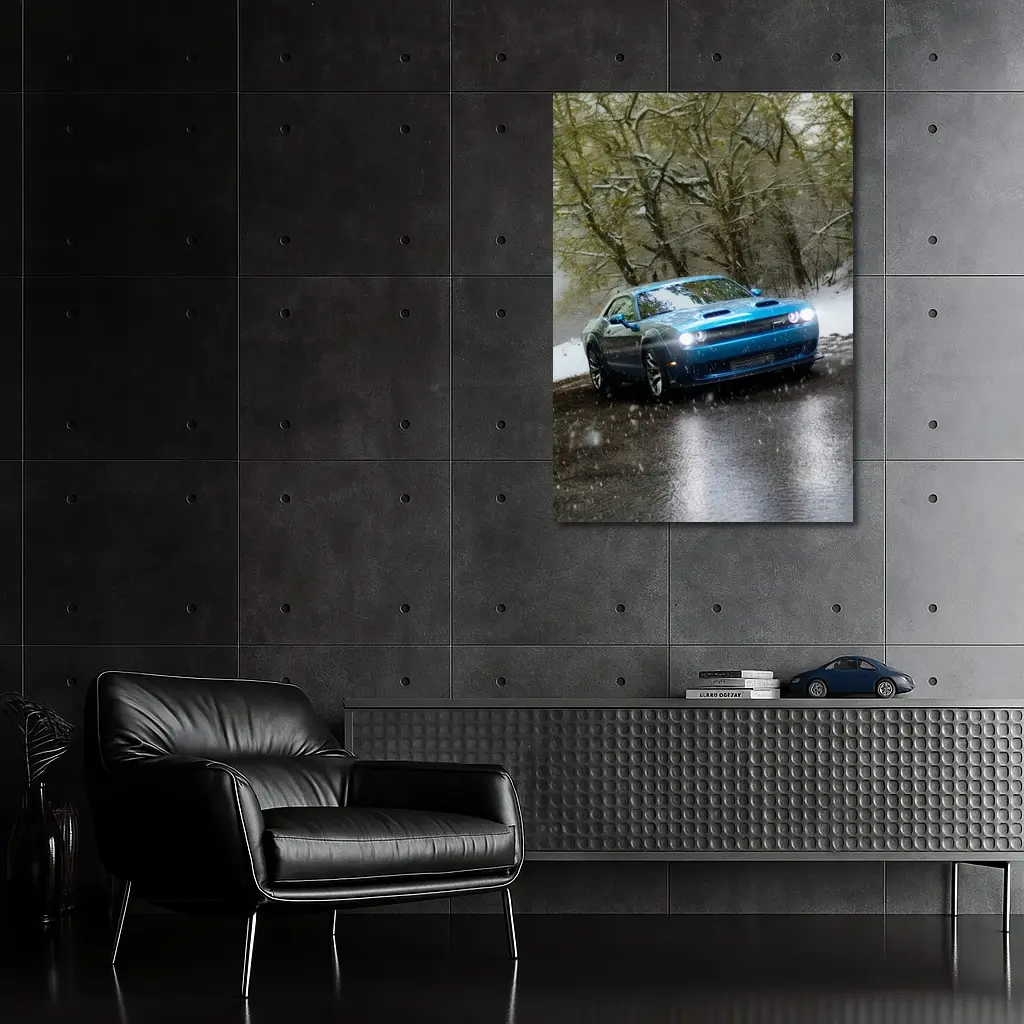 Dodge Challenger Blue Muscle Car Snowy Road – Wall Art