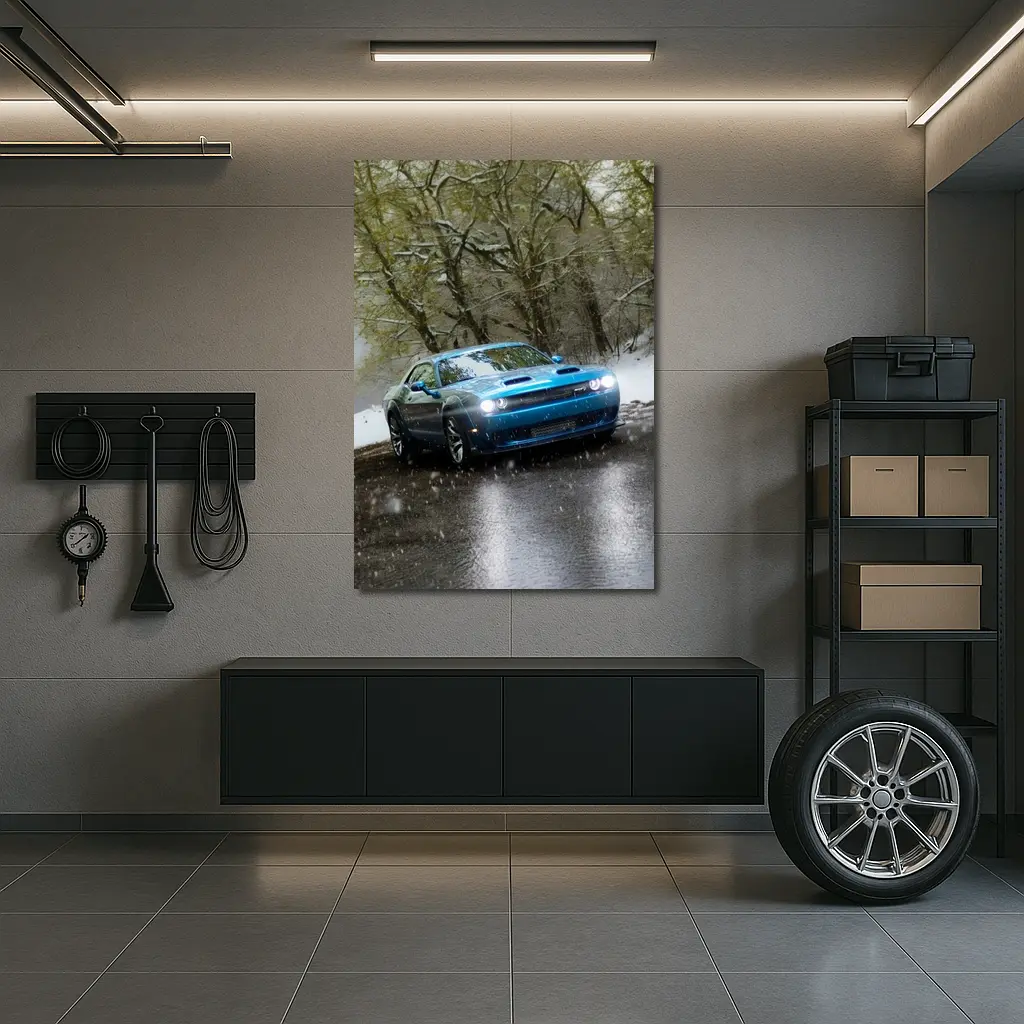 Dodge Challenger Blue Muscle Car Snowy Road – Wall Art