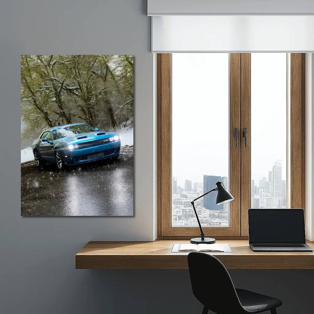 Dodge Challenger Blue Muscle Car Snowy Road – Wall Art