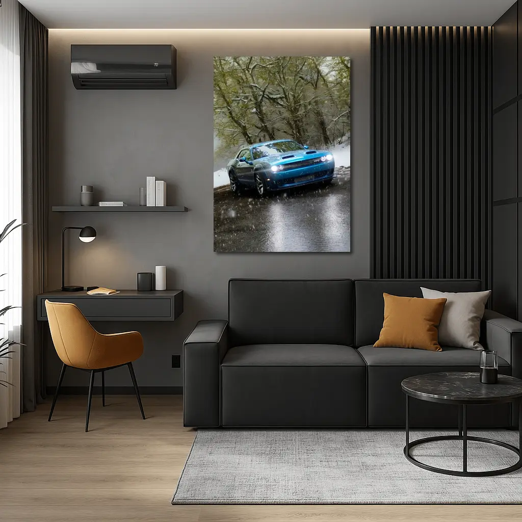 Dodge Challenger Blue Muscle Car Snowy Road – Wall Art