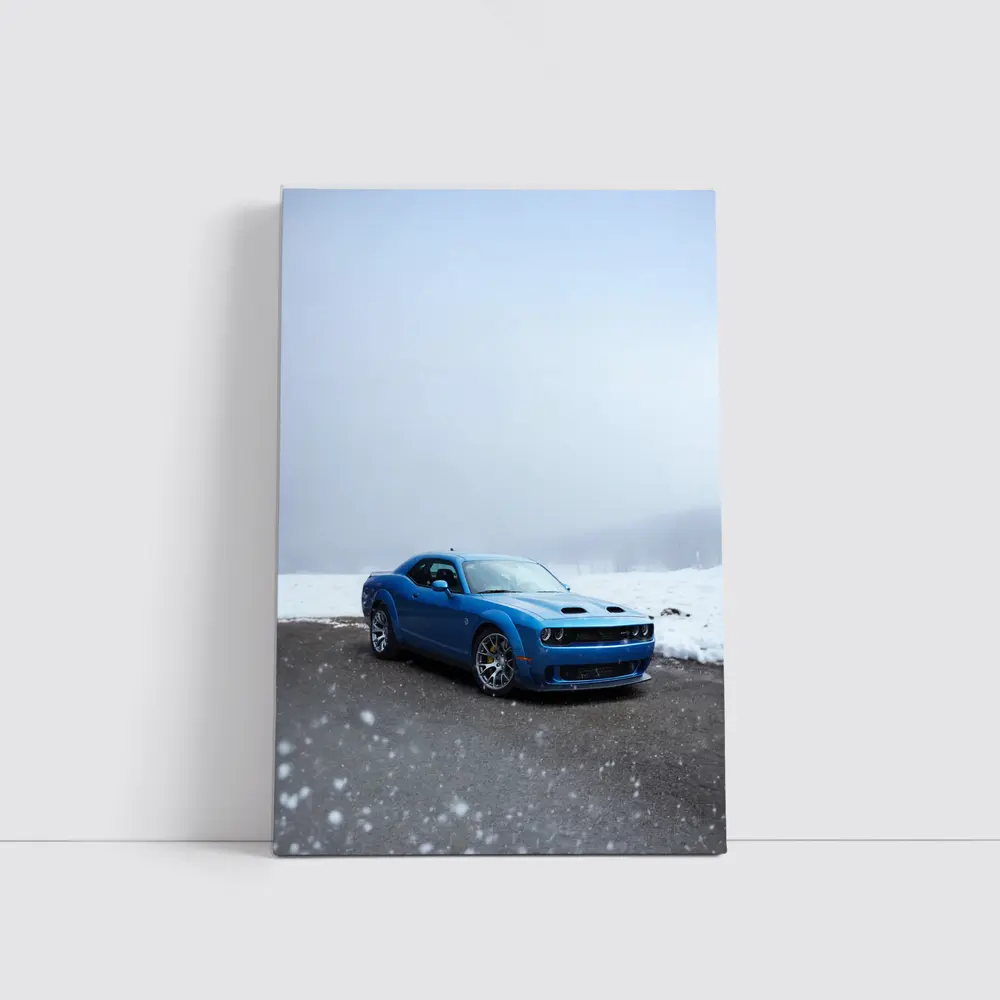Dodge Challenger Blue Muscle Car Snowy Scene – Wall Art