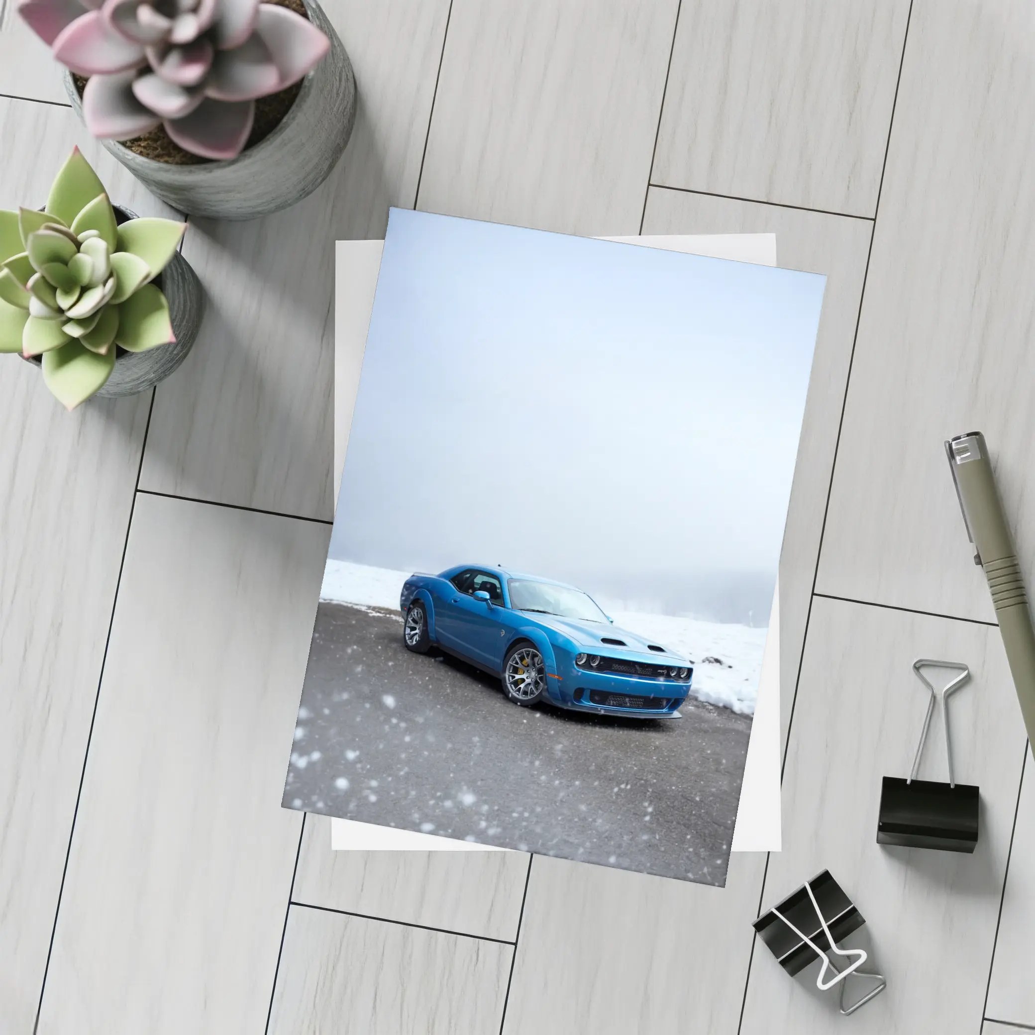 Dodge Challenger Blue Muscle Car Snowy Scene – Postcards