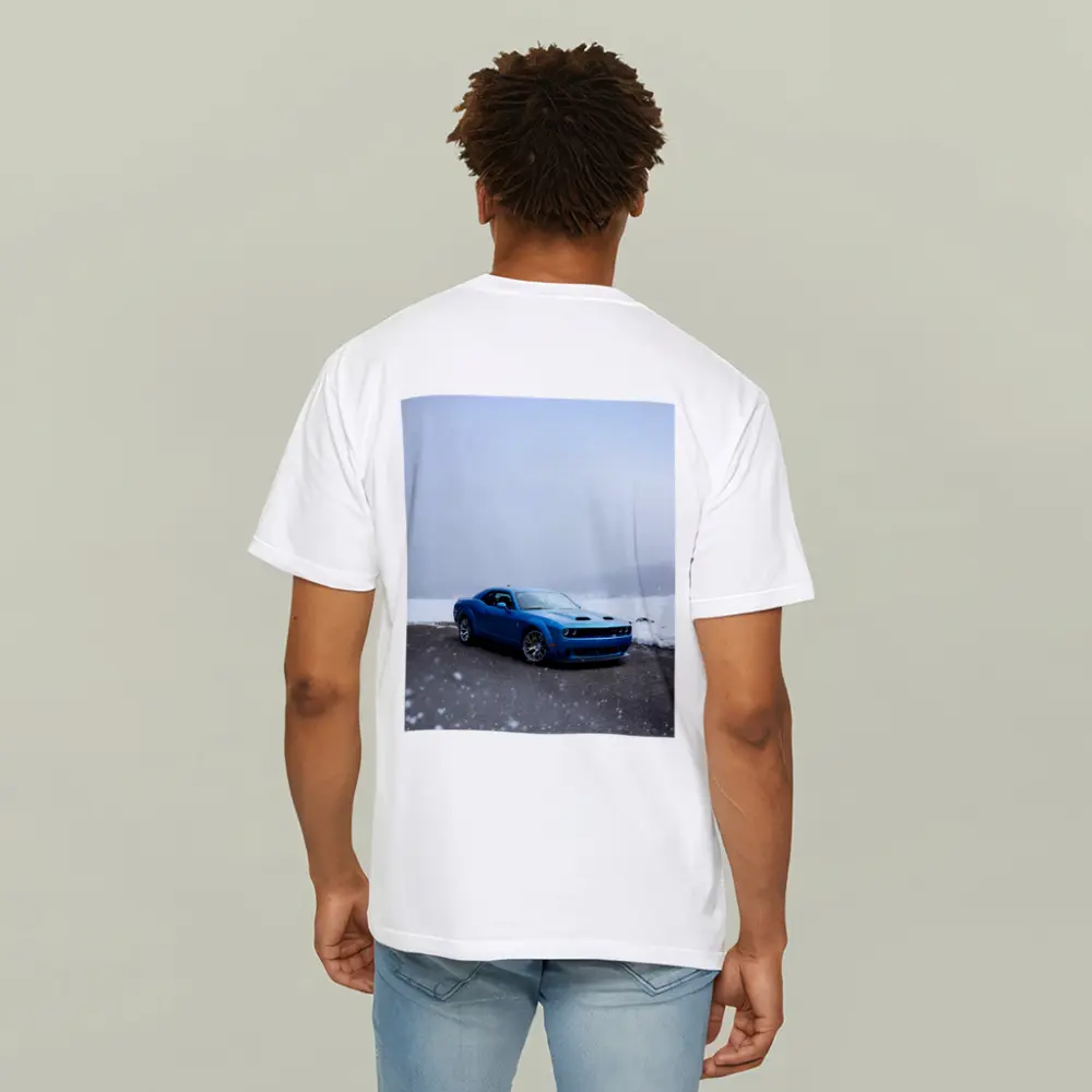 Dodge Challenger Blue Muscle Car Snowy Scene – T-Shirts