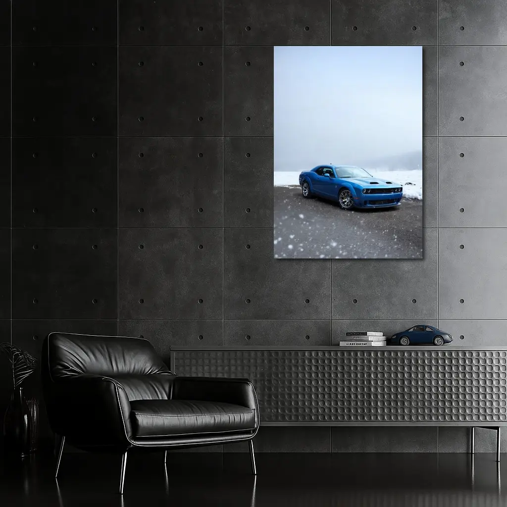 Dodge Challenger Blue Muscle Car Snowy Scene – Wall Art