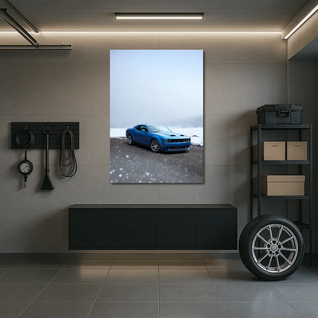 Dodge Challenger Blue Muscle Car Snowy Scene – Wall Art