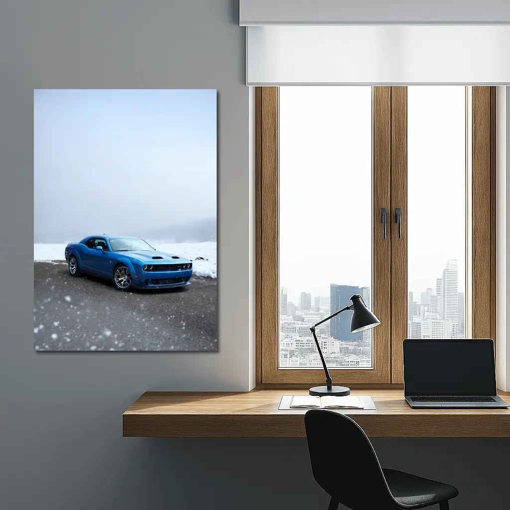 Dodge Challenger Blue Muscle Car Snowy Scene – Wall Art