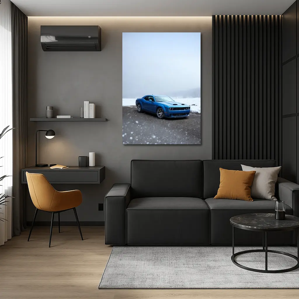 Dodge Challenger Blue Muscle Car Snowy Scene – Wall Art