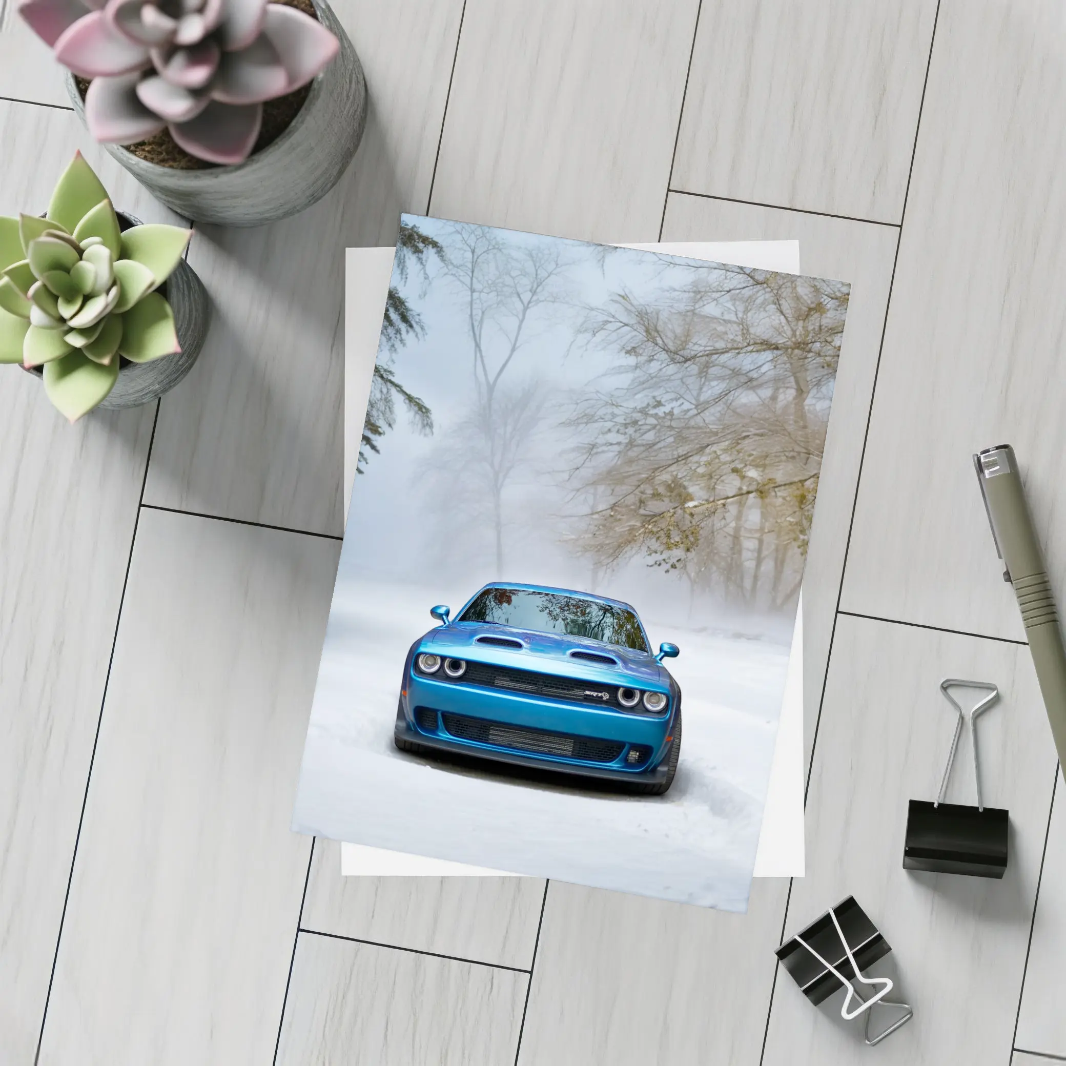Dodge Challenger SRT Blue Snow Winter Scene – Postcards