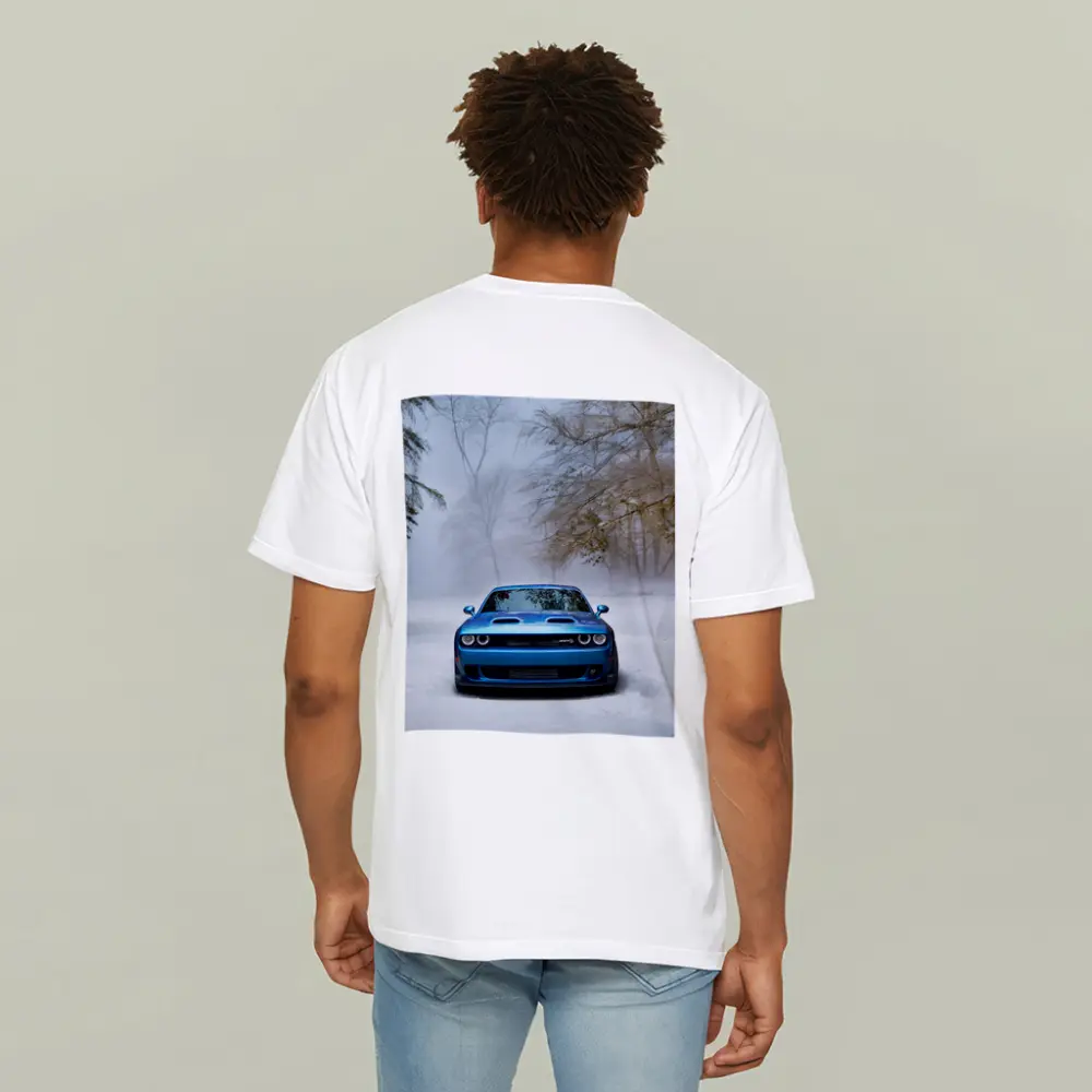Dodge Challenger SRT Blue Snow Winter Scene – T-Shirts