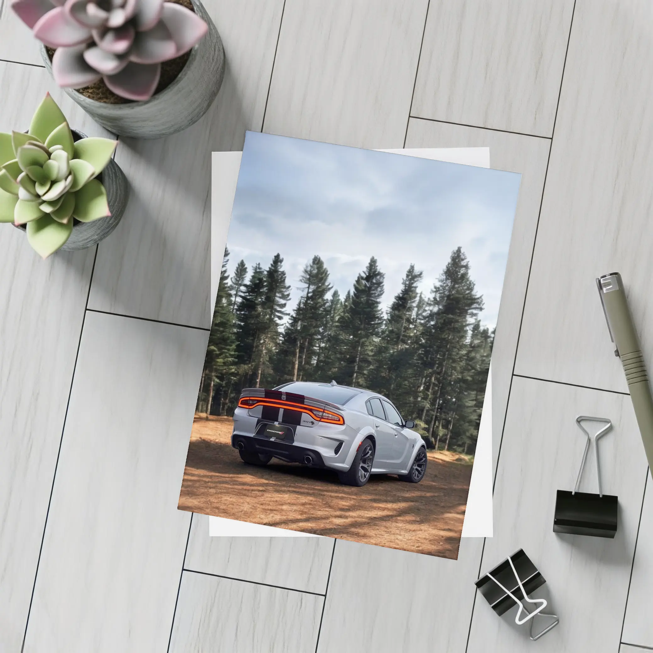 Dodge Charger Rear View Forest Background – Postcards