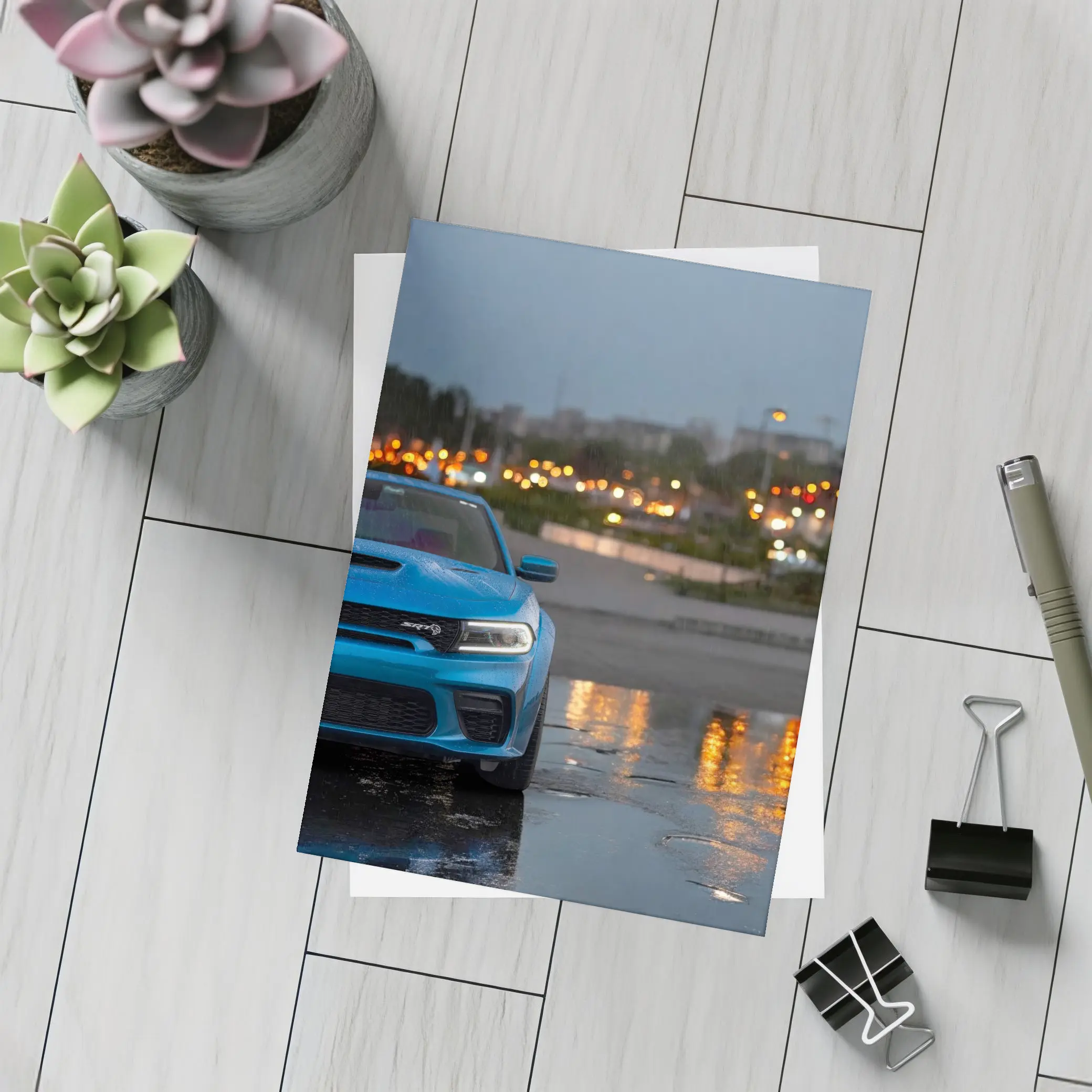 Dodge Charger SRT Blue Rainy City Night – Postcards
