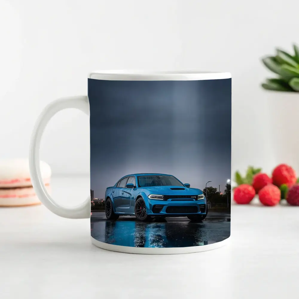 Dodge Charger Blue Wet City Street Night – Mugs