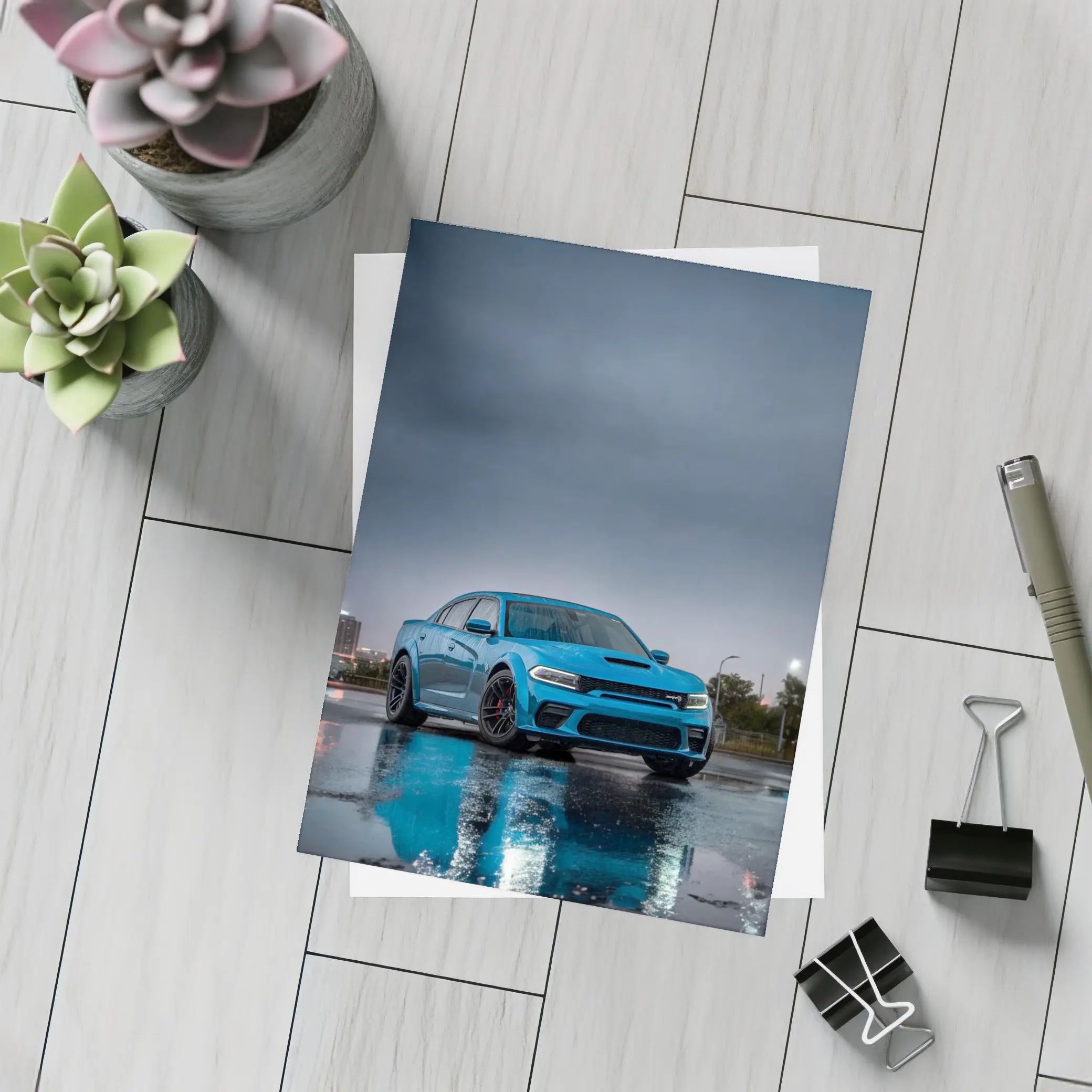 Dodge Charger Blue Wet City Street Night – Postcards