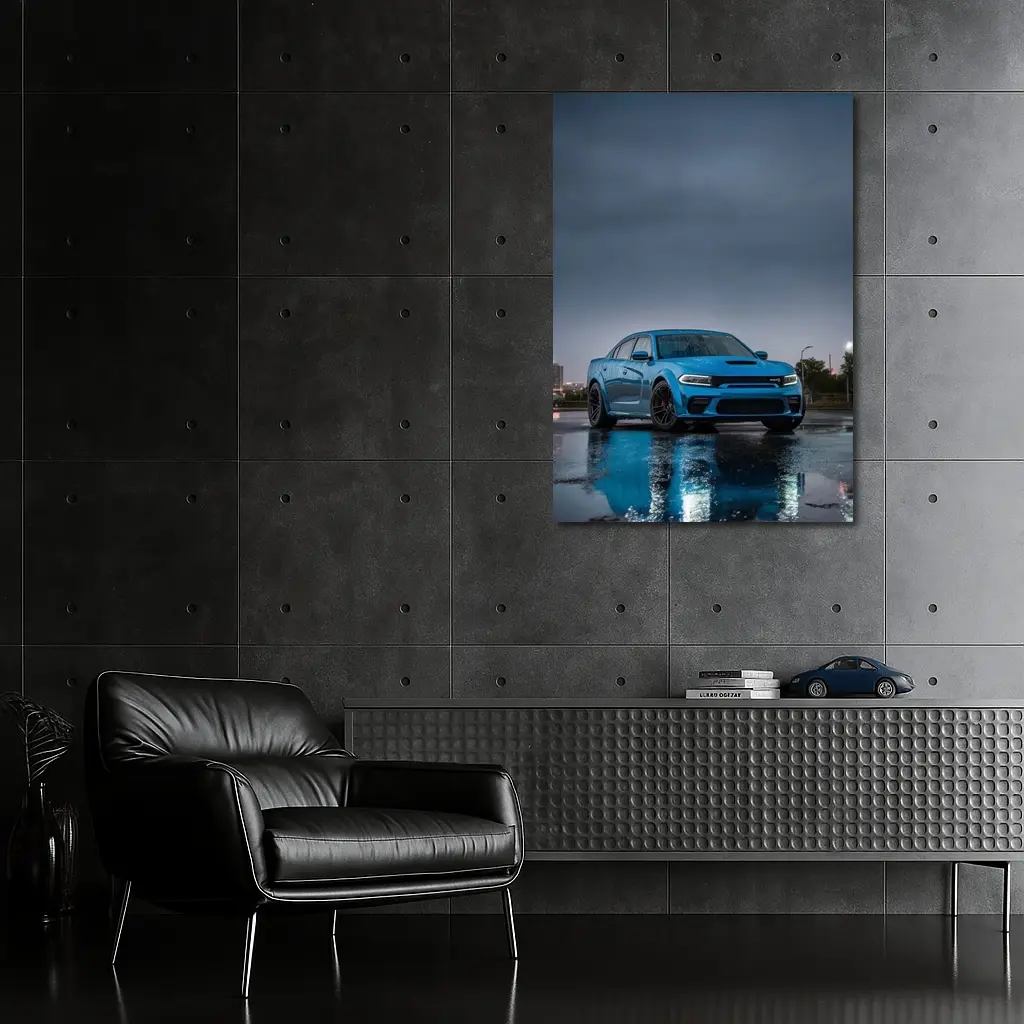 Dodge Charger Blue Wet City Street Night – Wall Art