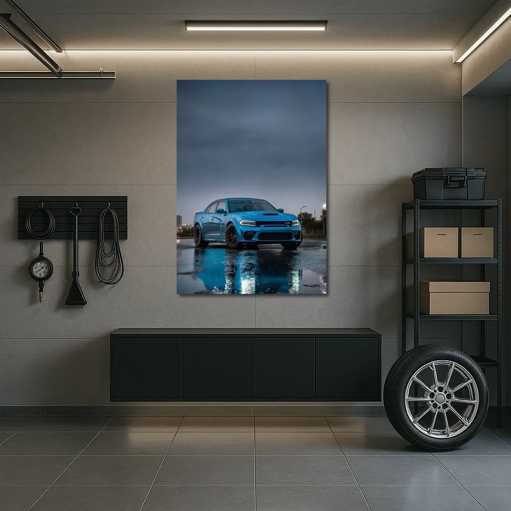 Dodge Charger Blue Wet City Street Night – Wall Art