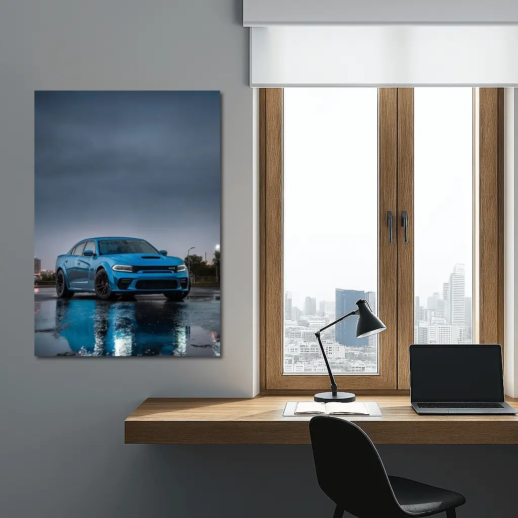 Dodge Charger Blue Wet City Street Night – Wall Art