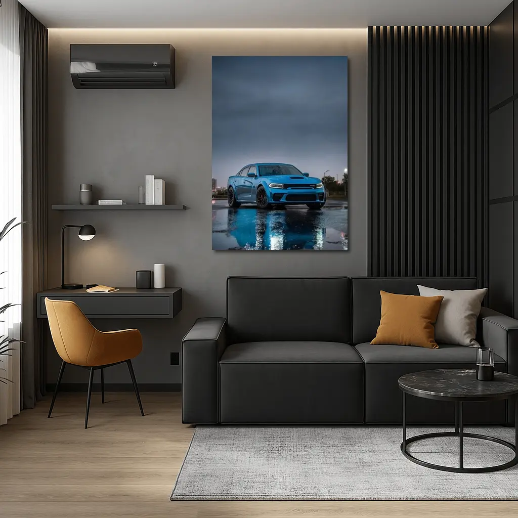 Dodge Charger Blue Wet City Street Night – Wall Art