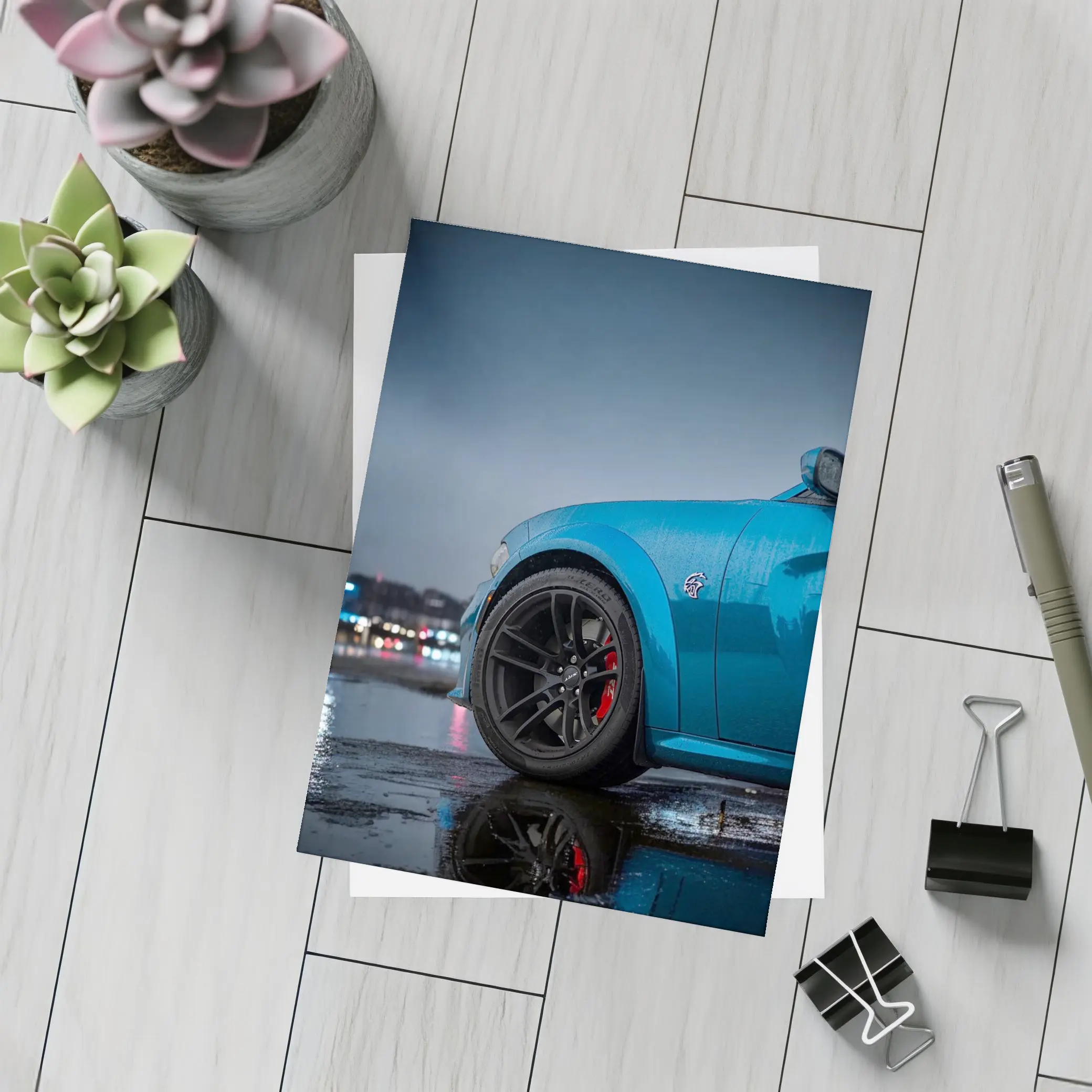 Dodge Charger Blue Wet City Night – Postcards