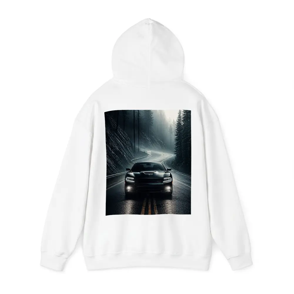 Dodge Charger on Dark Foggy Forest Road – Hoodies