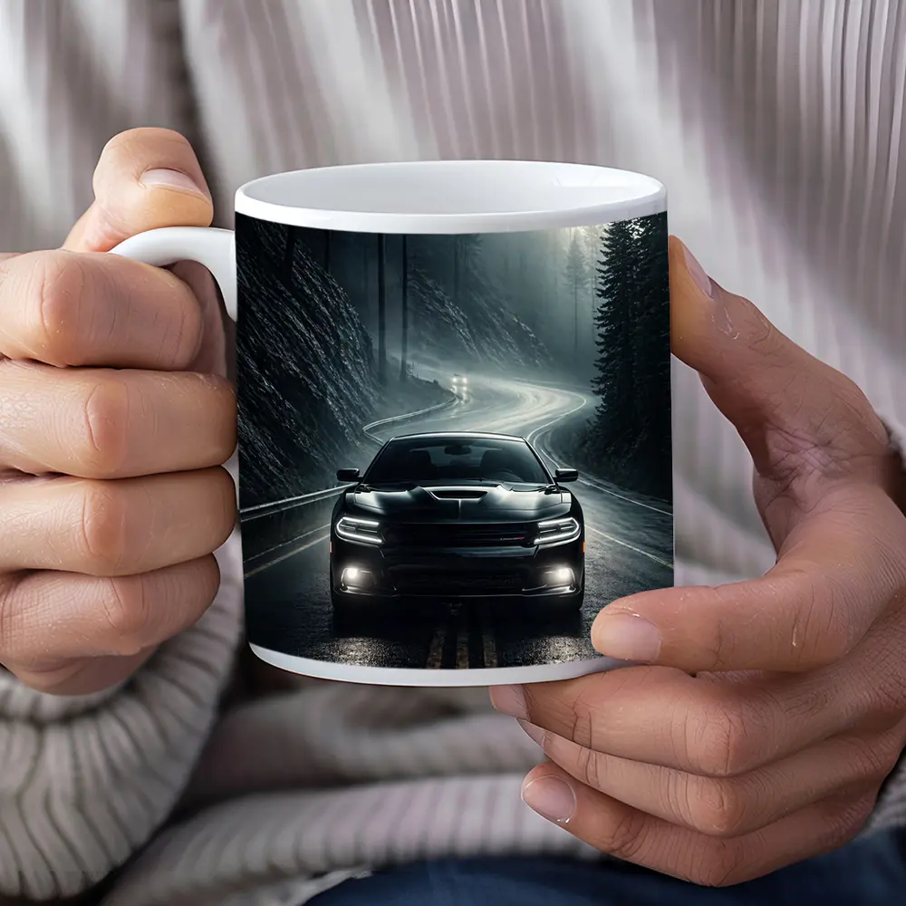 Dodge Charger on Dark Foggy Forest Road – Mugs