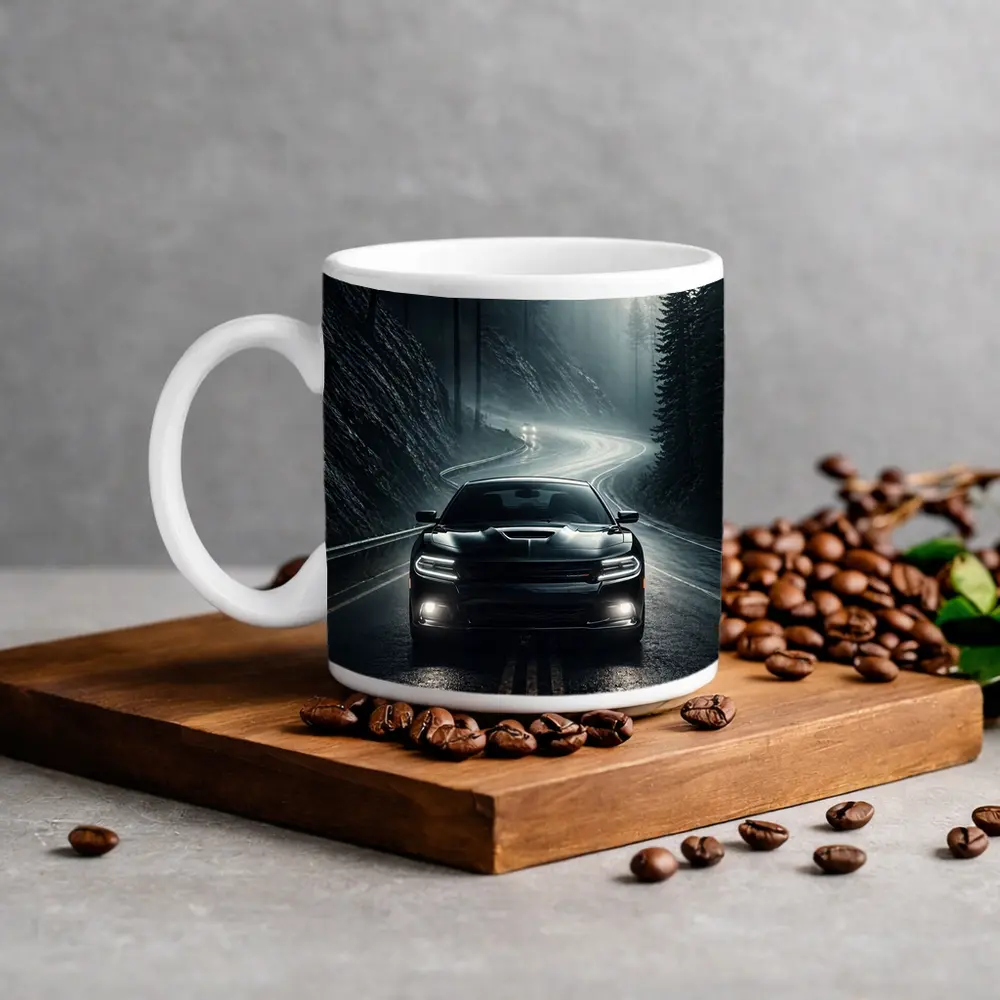 Dodge Charger on Dark Foggy Forest Road – Mugs
