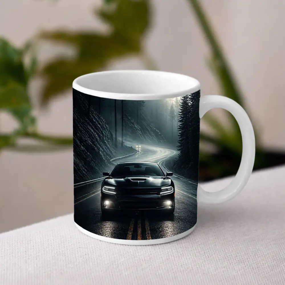 Dodge Charger on Dark Foggy Forest Road – Mugs