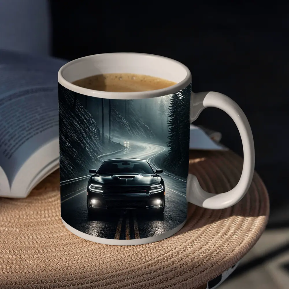 Dodge Charger on Dark Foggy Forest Road – Mugs