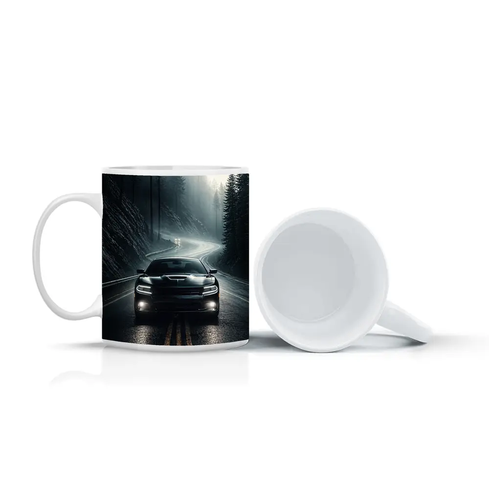 Dodge Charger on Dark Foggy Forest Road – Mugs