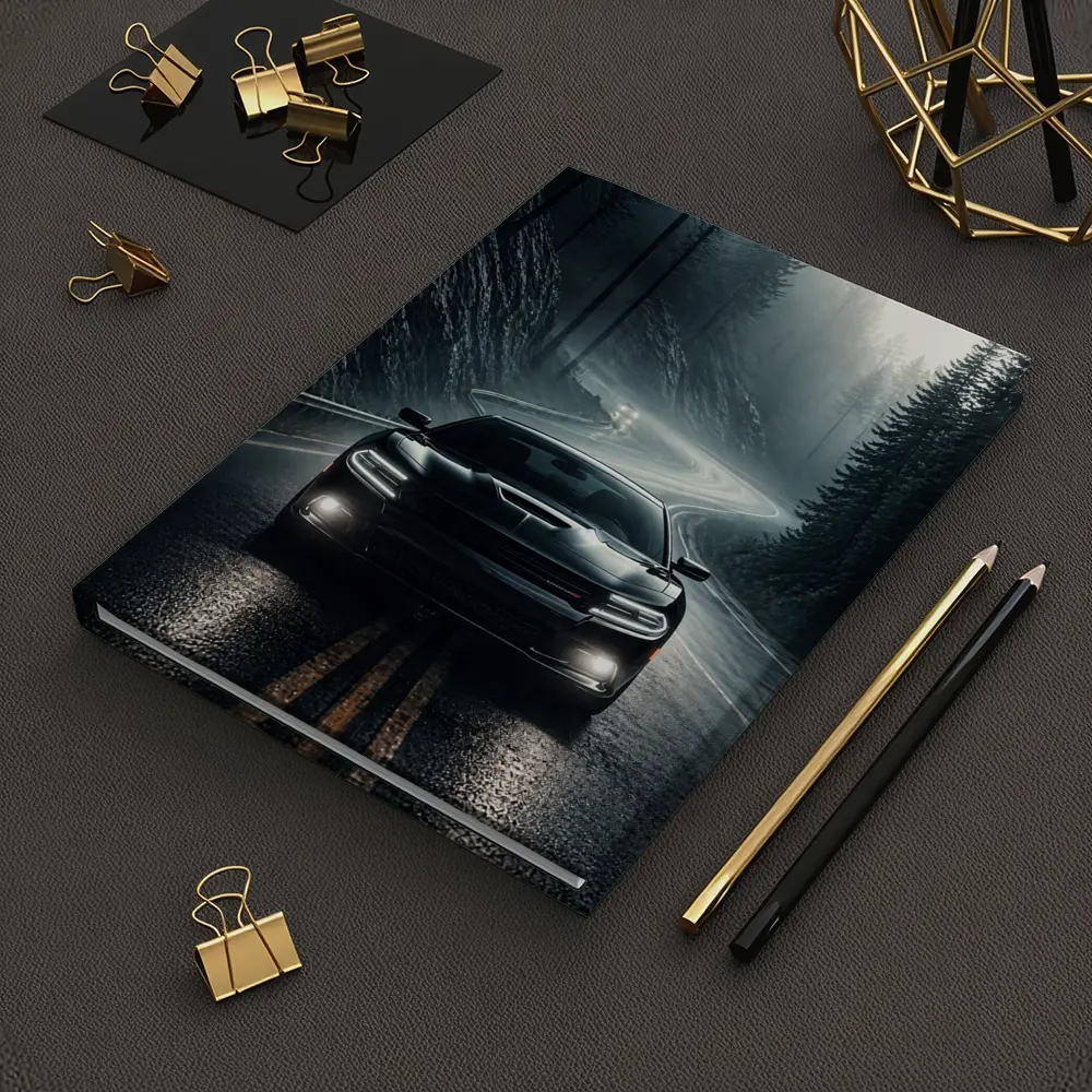Dodge Charger on Dark Foggy Forest Road – Notebooks
