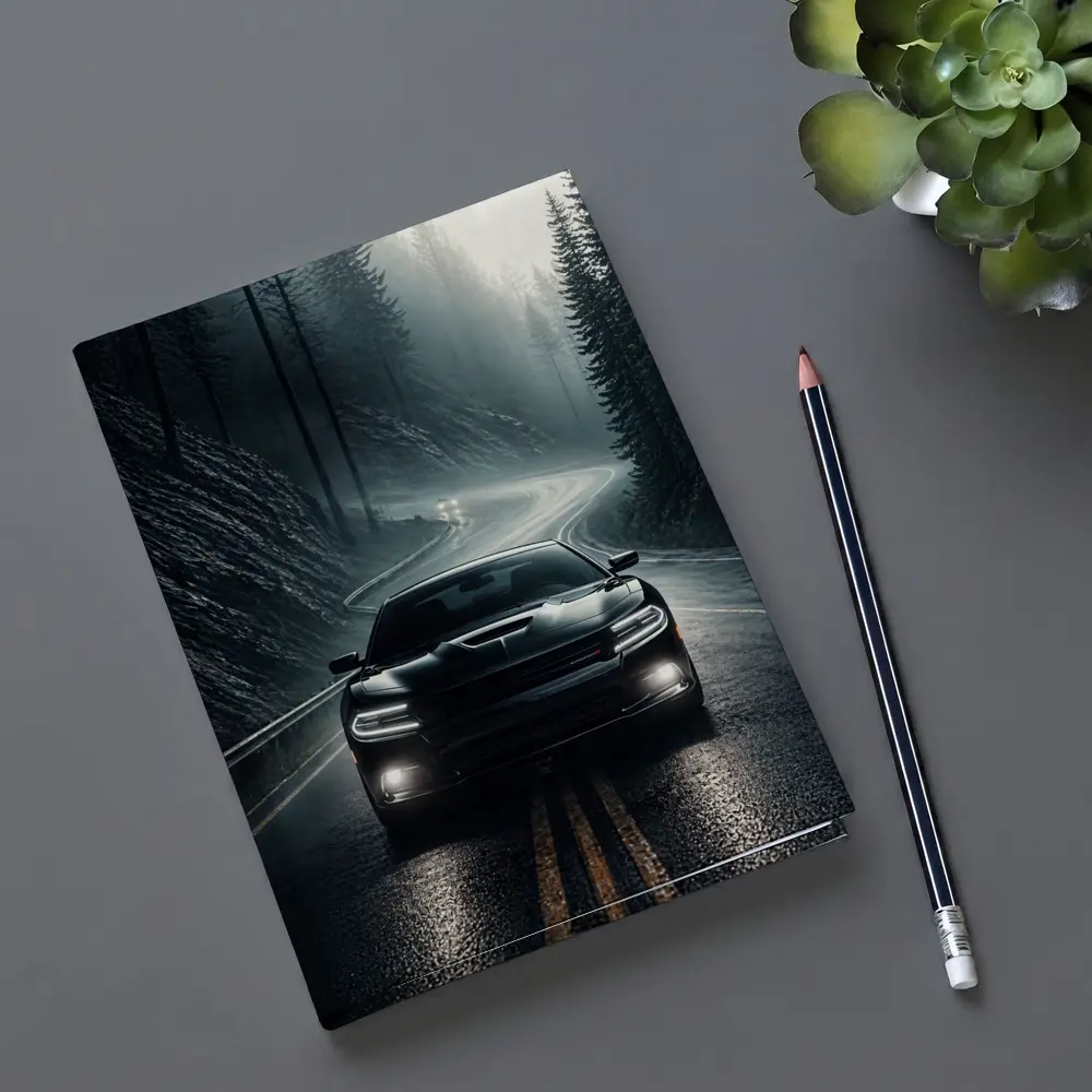 Dodge Charger on Dark Foggy Forest Road – Notebooks