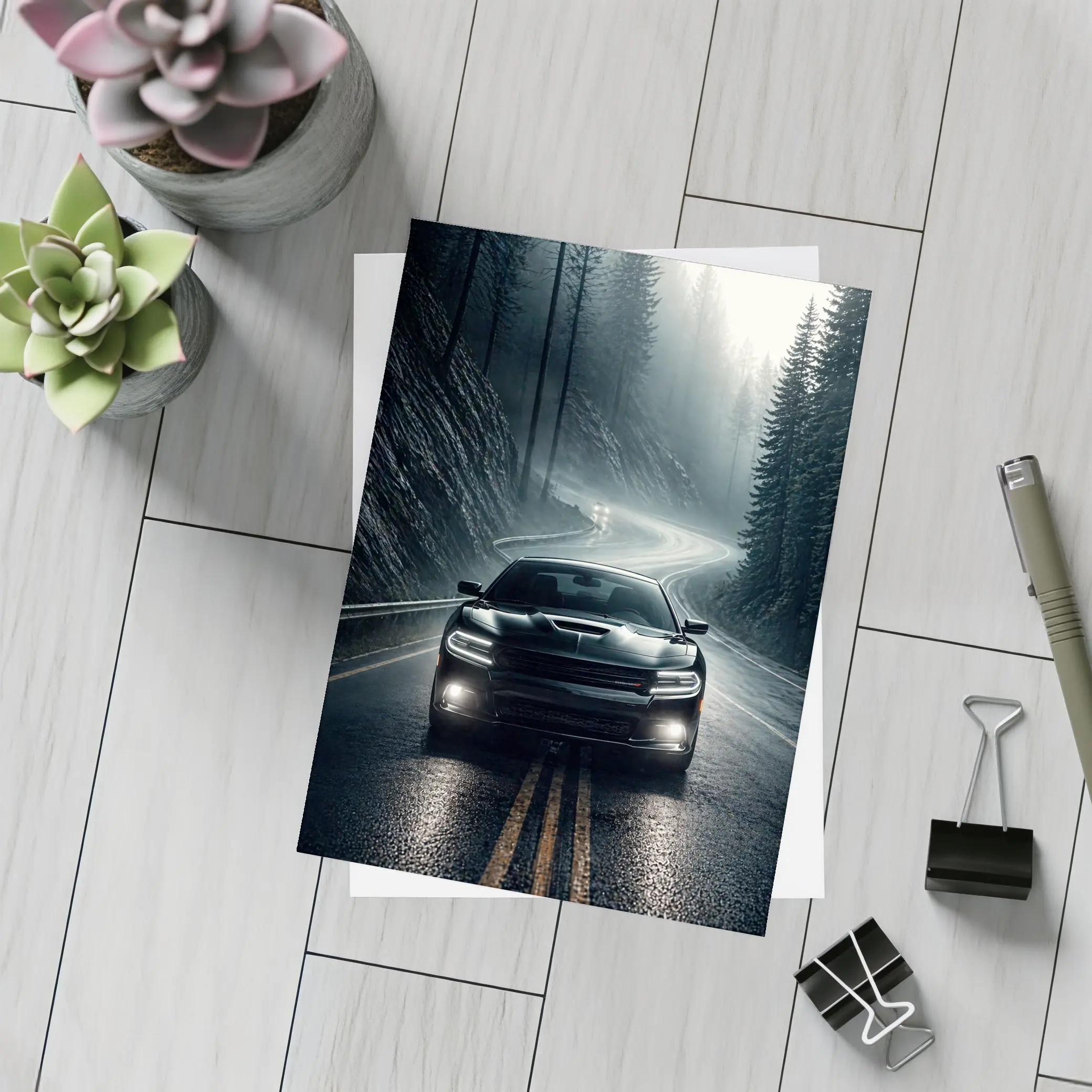 Dodge Charger on Dark Foggy Forest Road – Postcards
