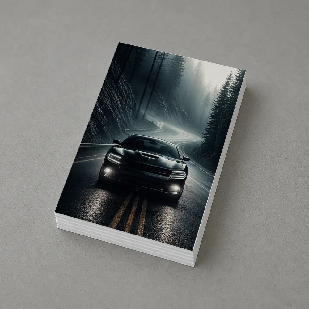 Dodge Charger on Dark Foggy Forest Road – Postcards