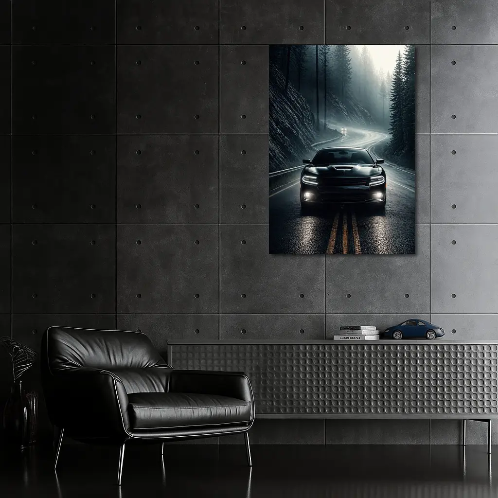 Dodge Charger on Dark Foggy Forest Road – Wall Art