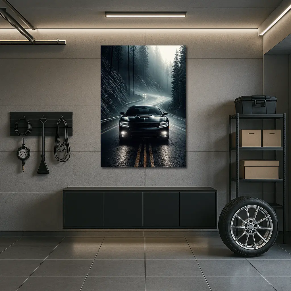 Dodge Charger on Dark Foggy Forest Road – Wall Art