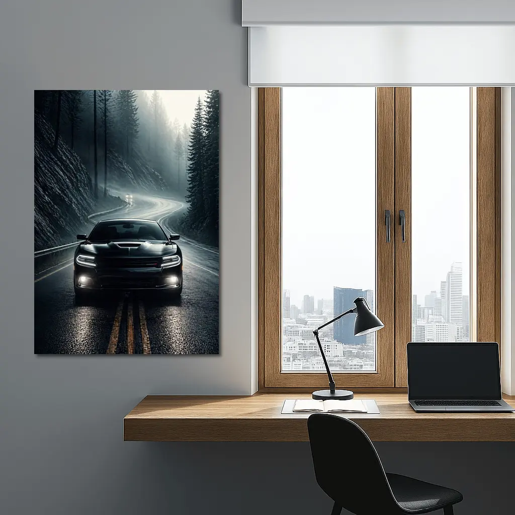 Dodge Charger on Dark Foggy Forest Road – Wall Art